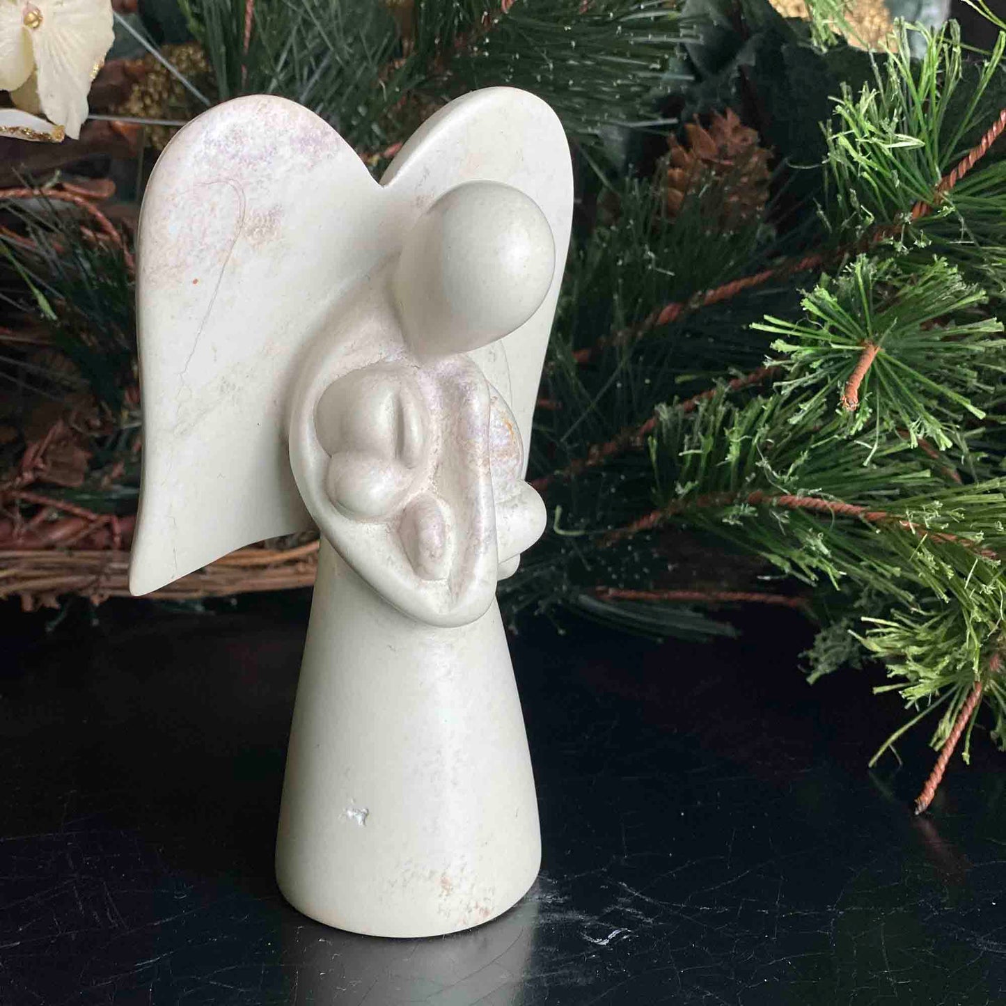 Natural Soapstone Angel Holding Dog; 5"