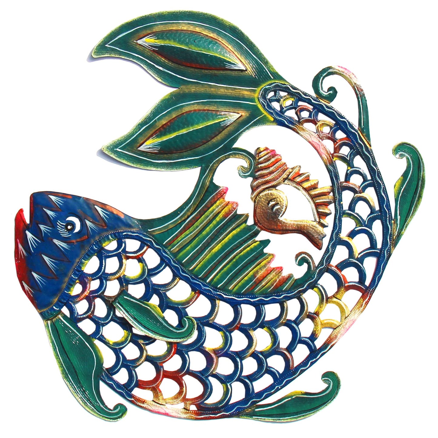 Painted Fish & Shell Steel Drum Wall Art, 24" - by Caribbean Craft