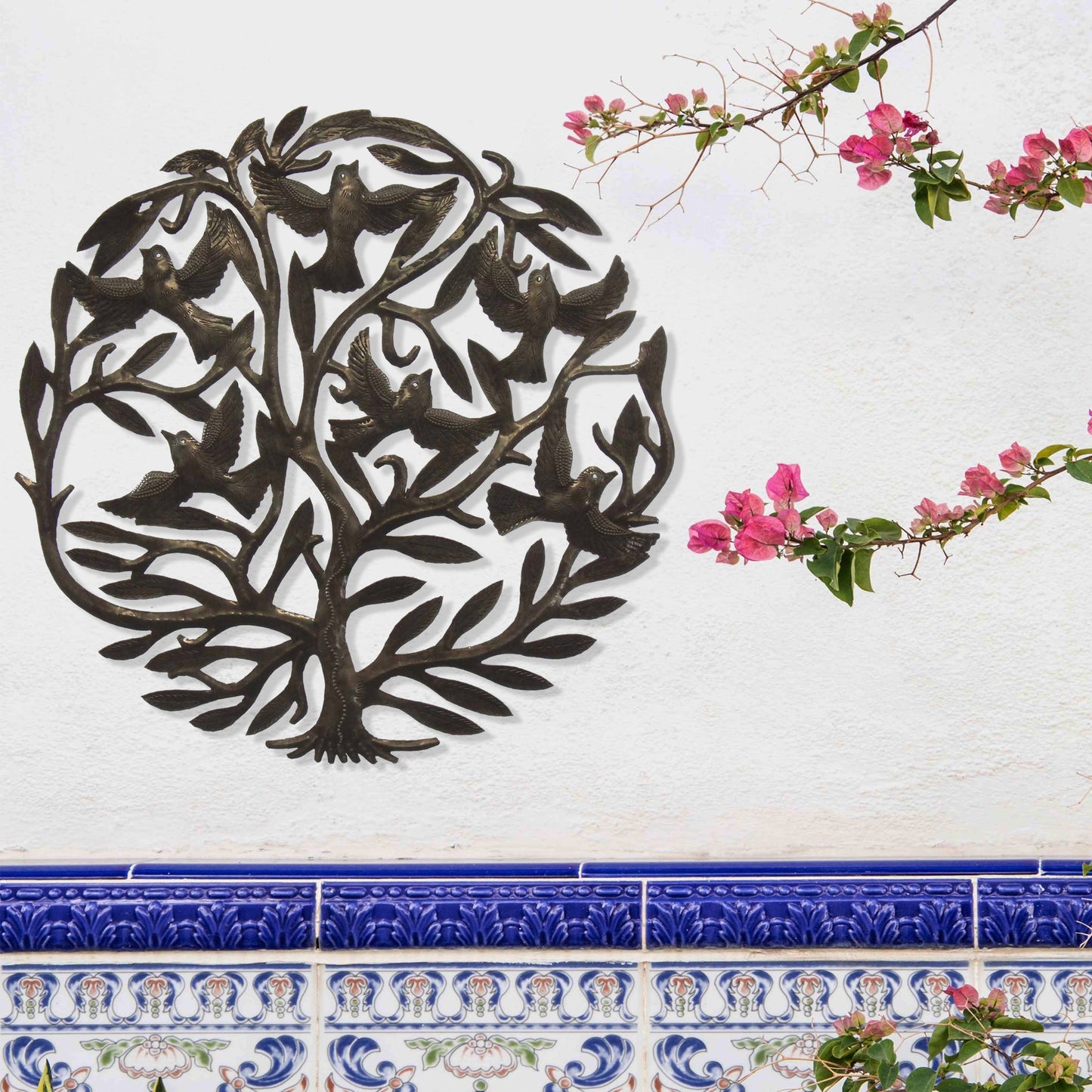Birds in Tree of Life Steel Drum Wall Art, 24" - Croix des Bouquets