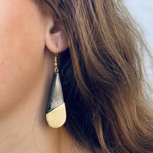 Brass & Black Horn Teardrop Earrings