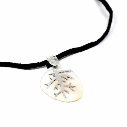 Silver Branches on Mother of Pearl Pendant; Necklace Charm