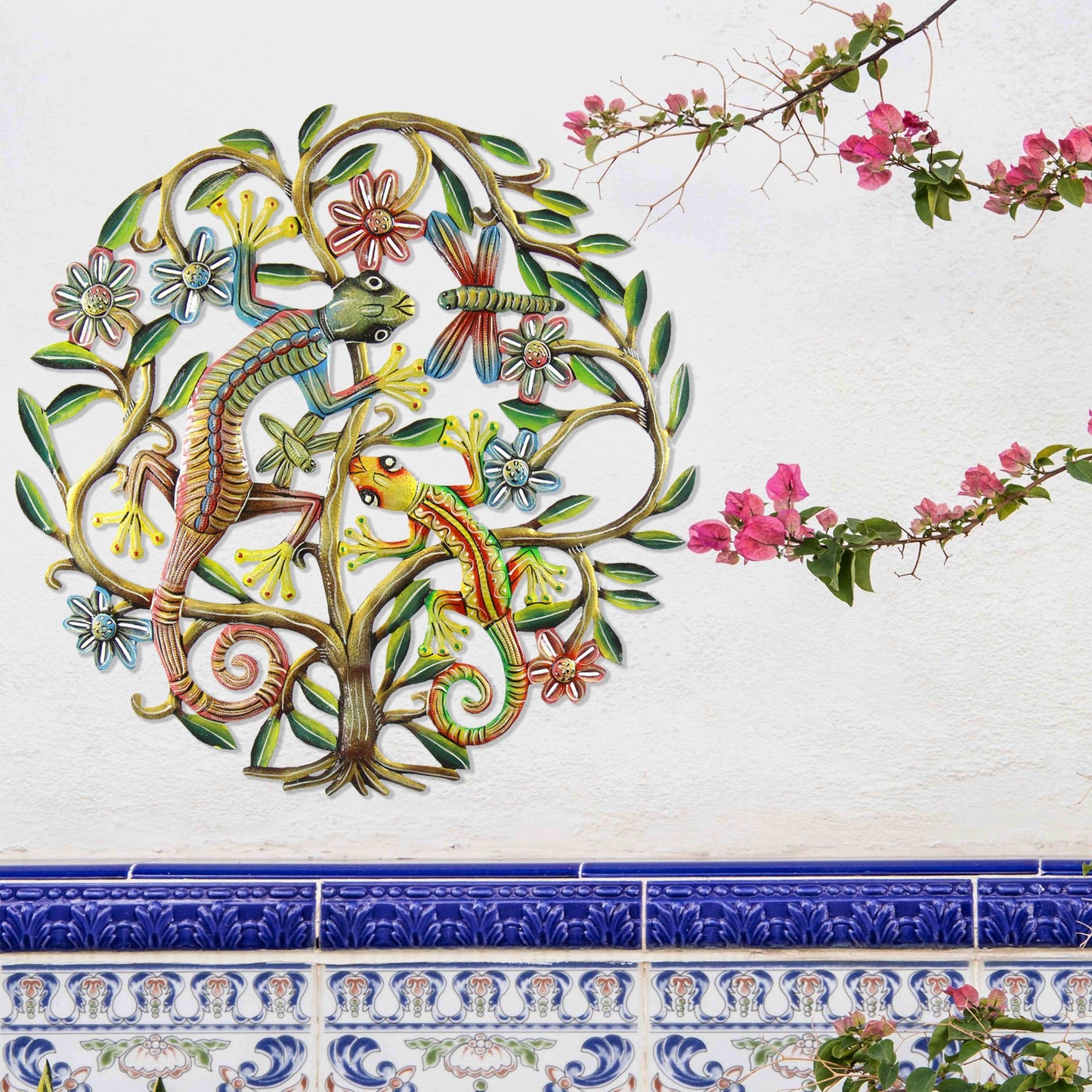 Painted Gecko Tree of Life Steel Drum Wall Art, 24" - Croix des Bouquets