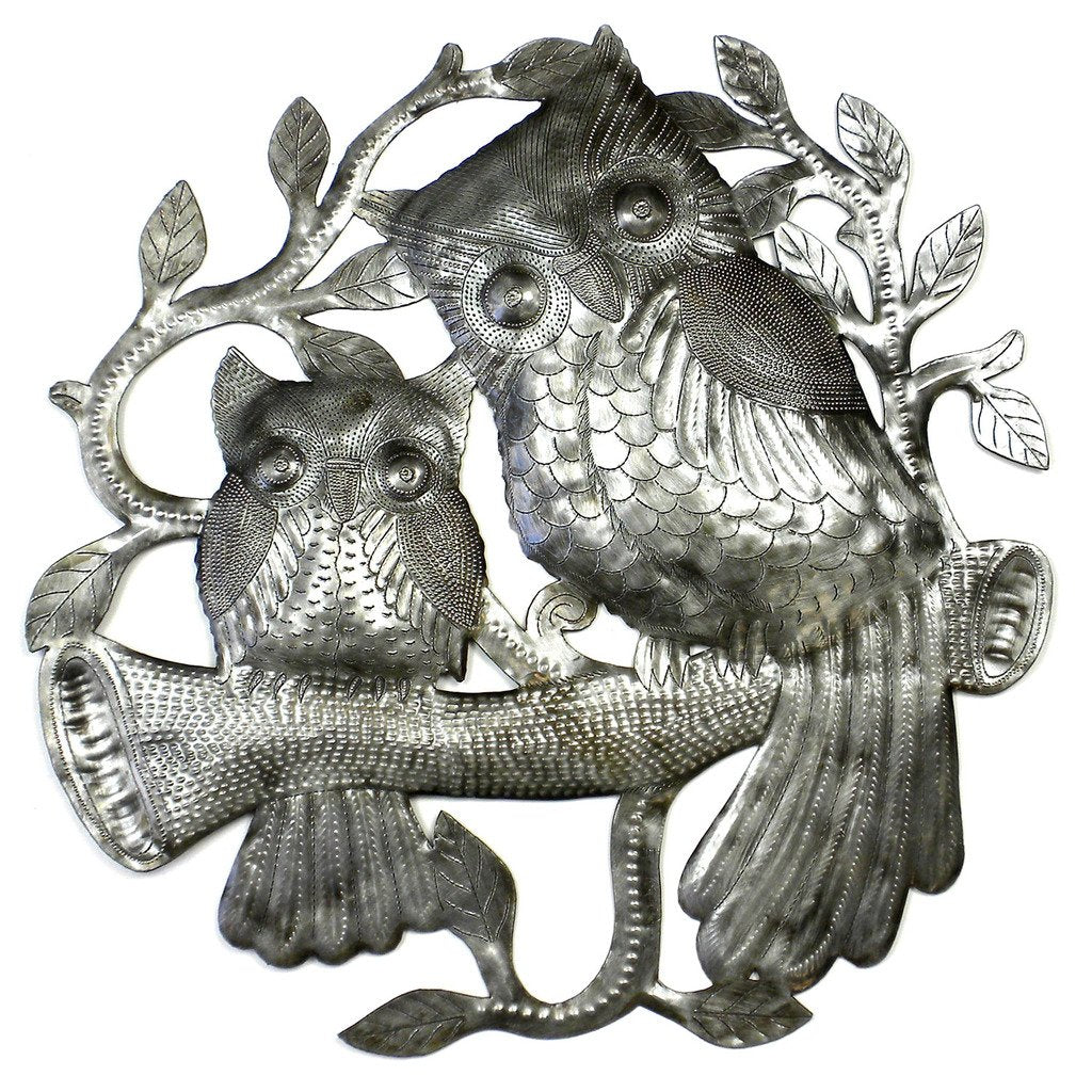 Pair of Owls on Perch Steel Drum Wall Art, 24" - Croix des Bouquets