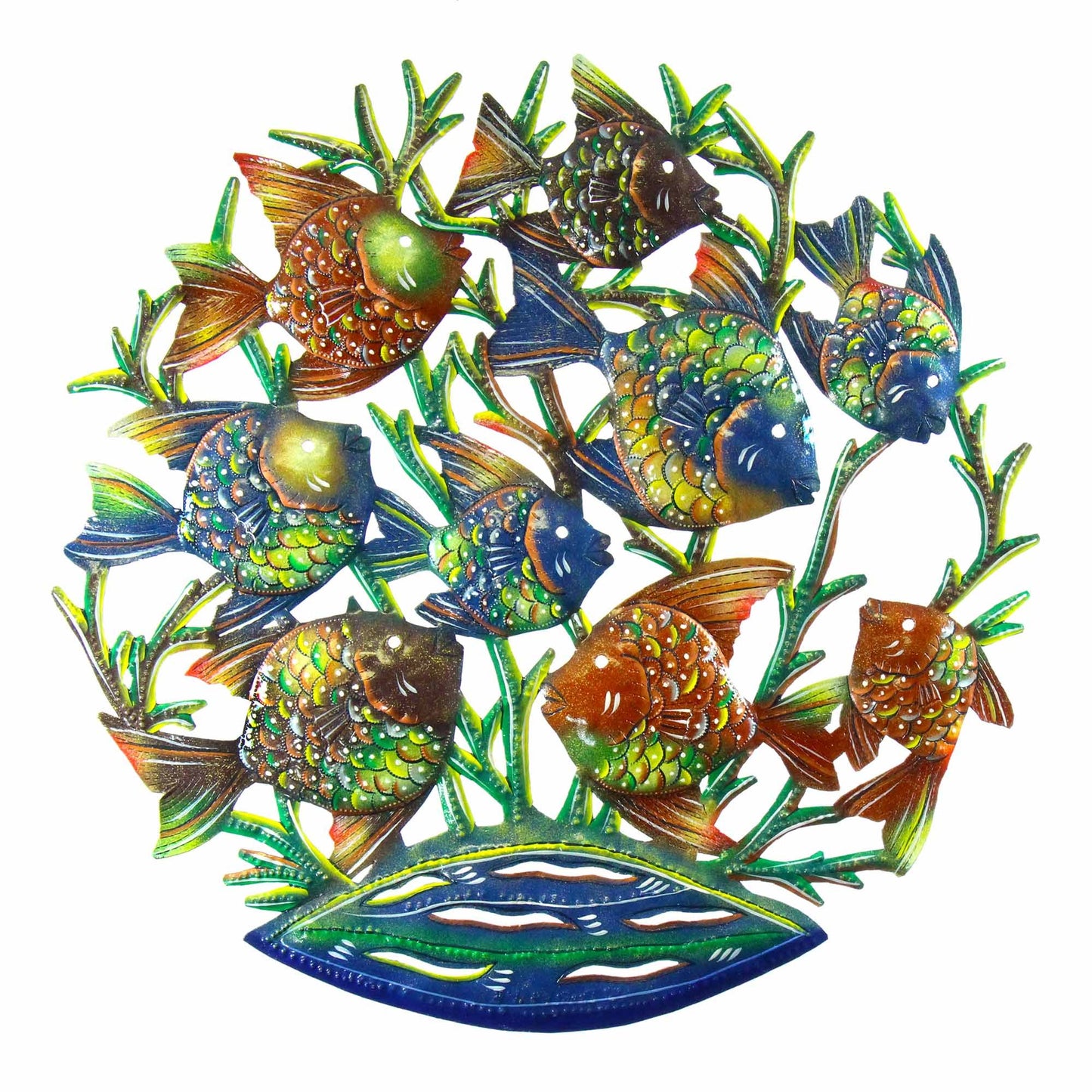 Painted School of Fish Steel Drum Wall Art, 24" - Croix des Bouquets