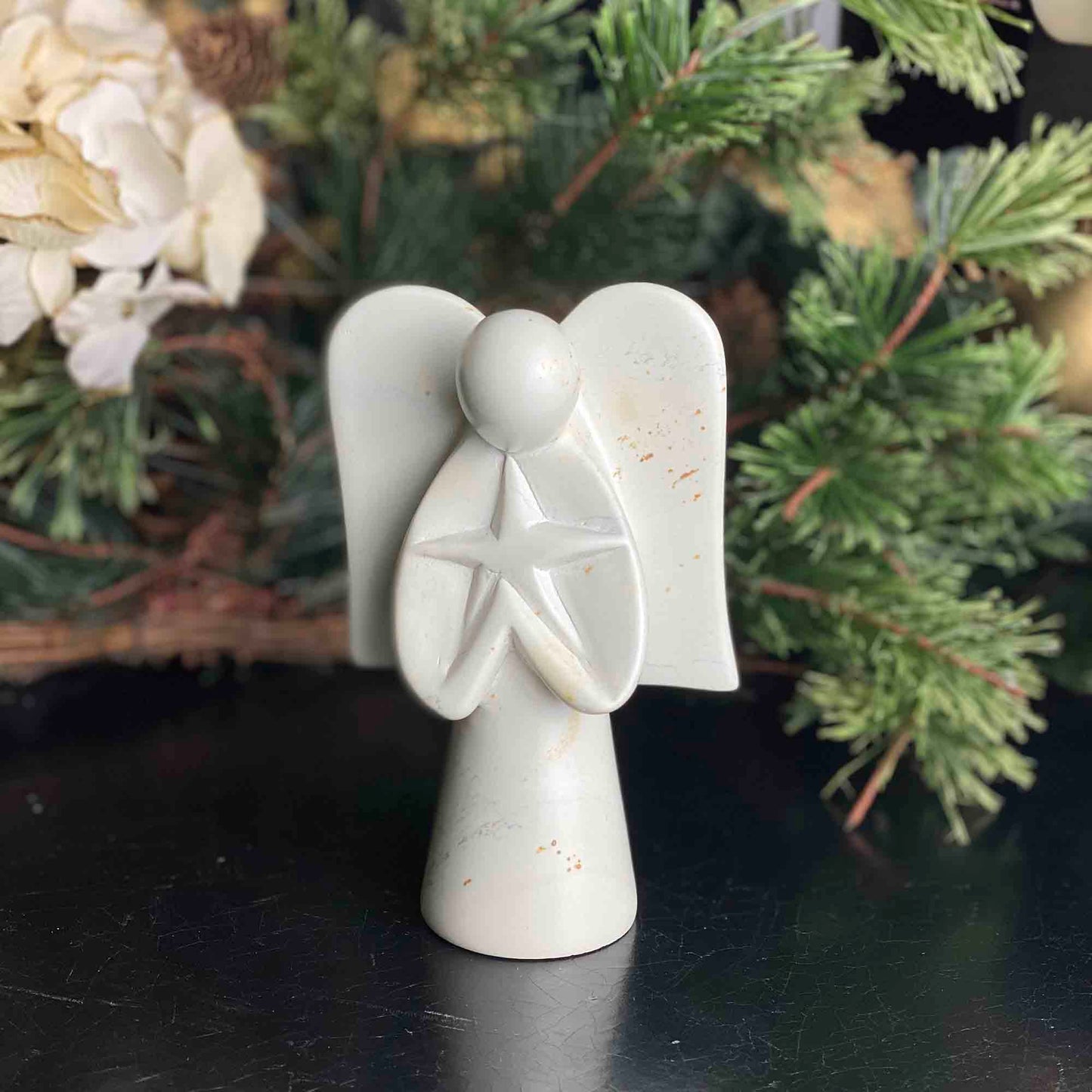 Natural Soapstone Angel Holding Star; 5"