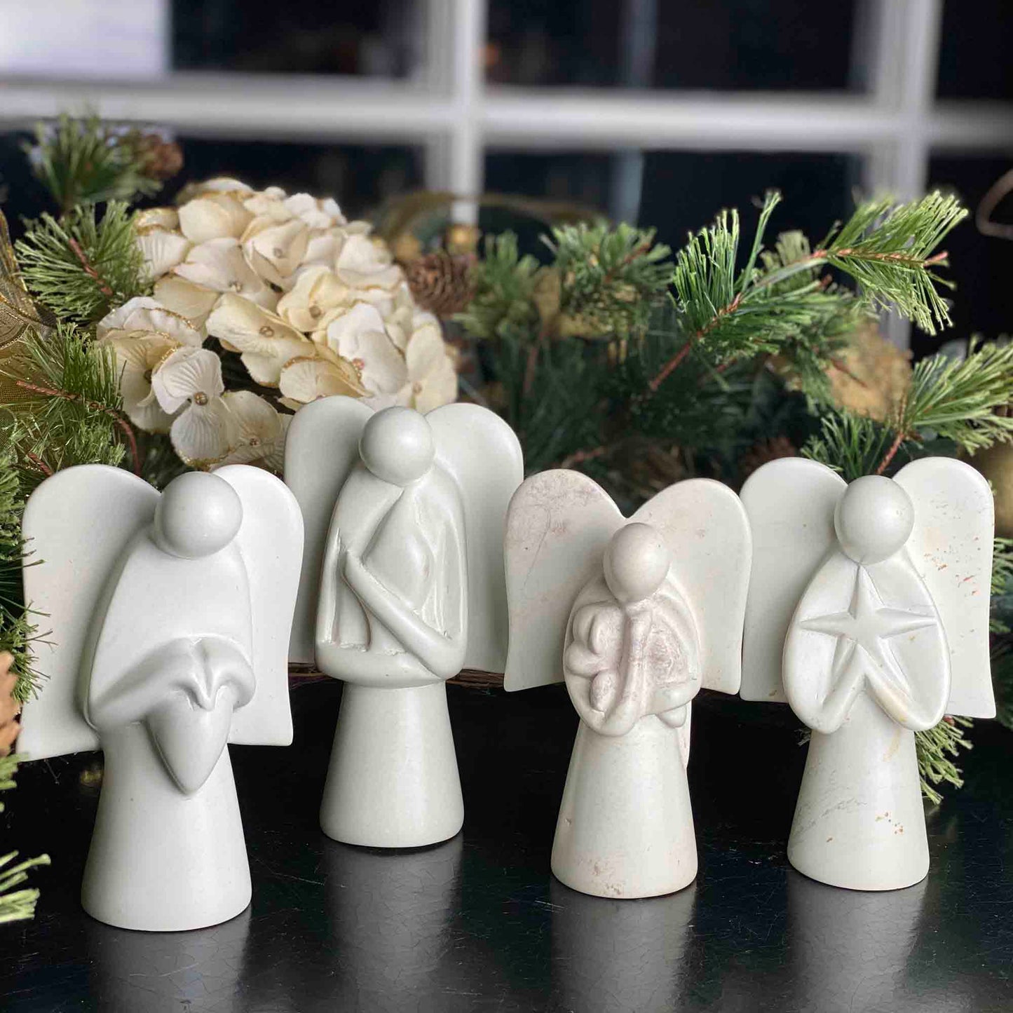 Natural Soapstone Angel Holding Dog; 5"