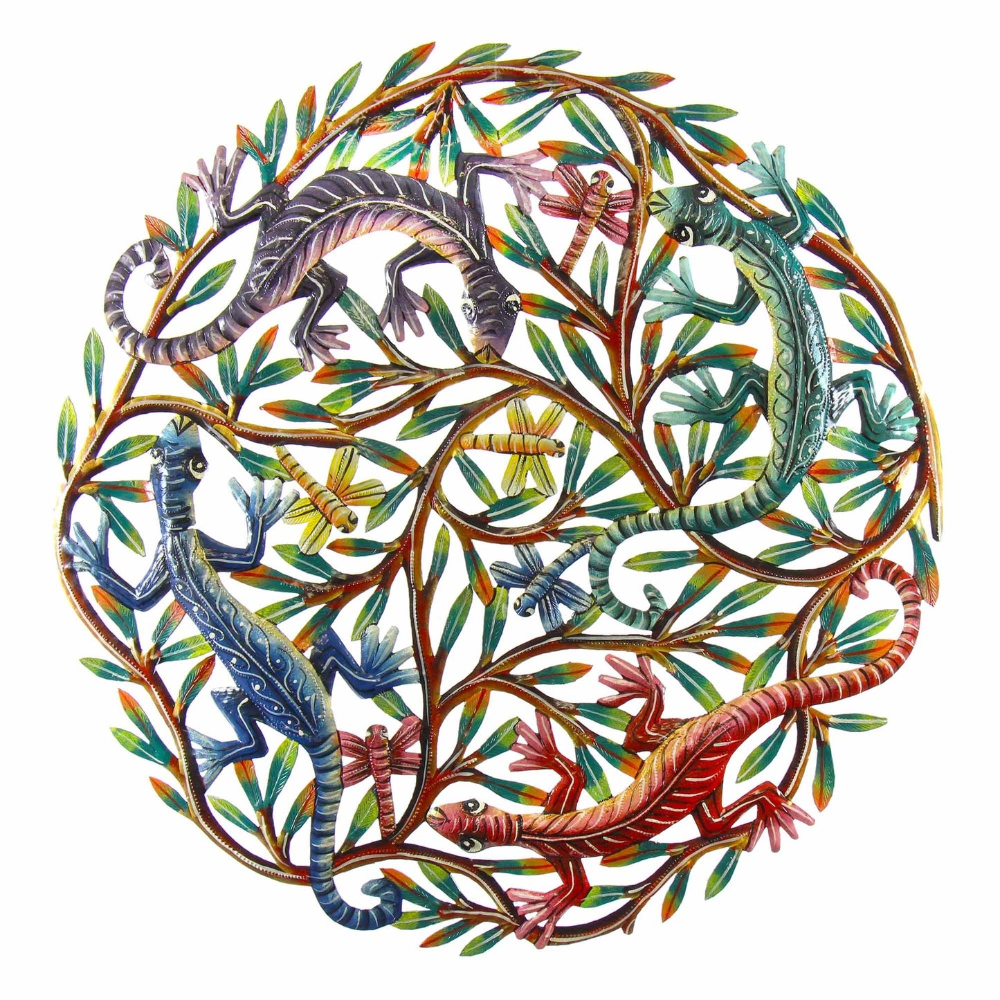 Four Geckos Painted Steel Drum Wall Art, 24" - Croix des Bouquets