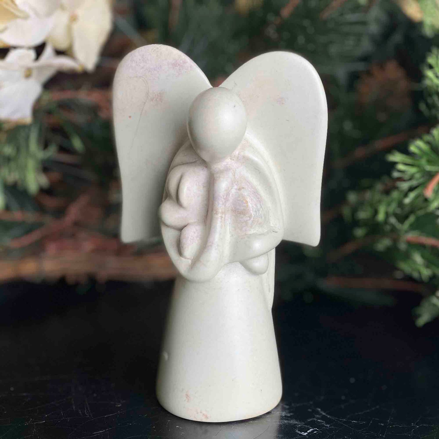 Natural Soapstone Angel Holding Dog; 5"