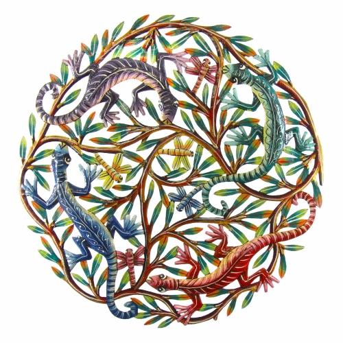 Four Geckos Painted Steel Drum Wall Art, 24" - Croix des Bouquets