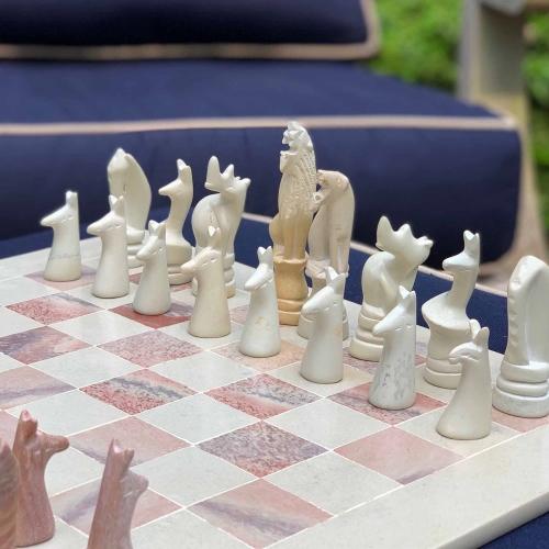Natural Soapstone Animal Chess Set; 15" Board