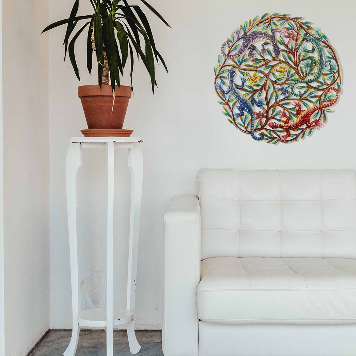Four Geckos Painted Steel Drum Wall Art, 24" - Croix des Bouquets