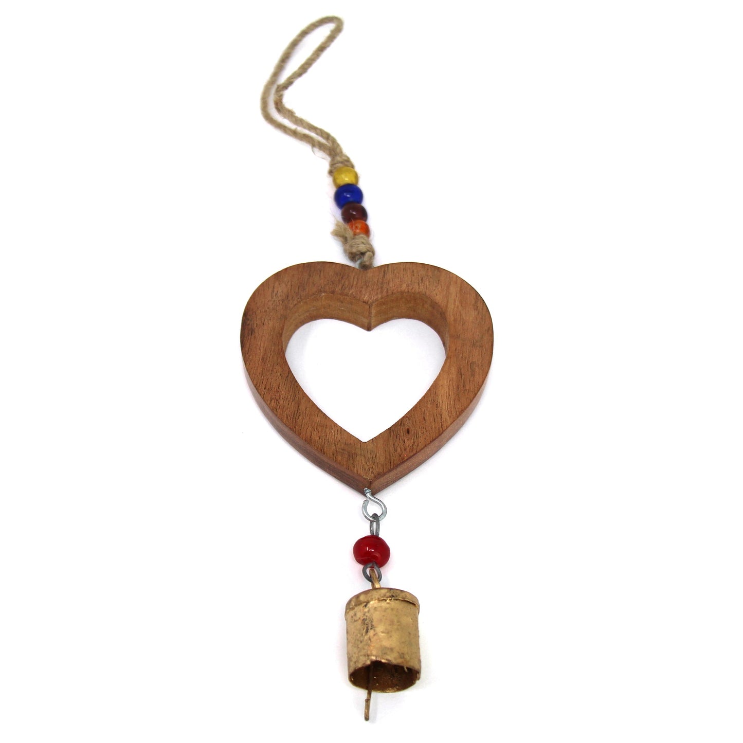 Campana de corazón de madera hecha a mano con campana de hierro