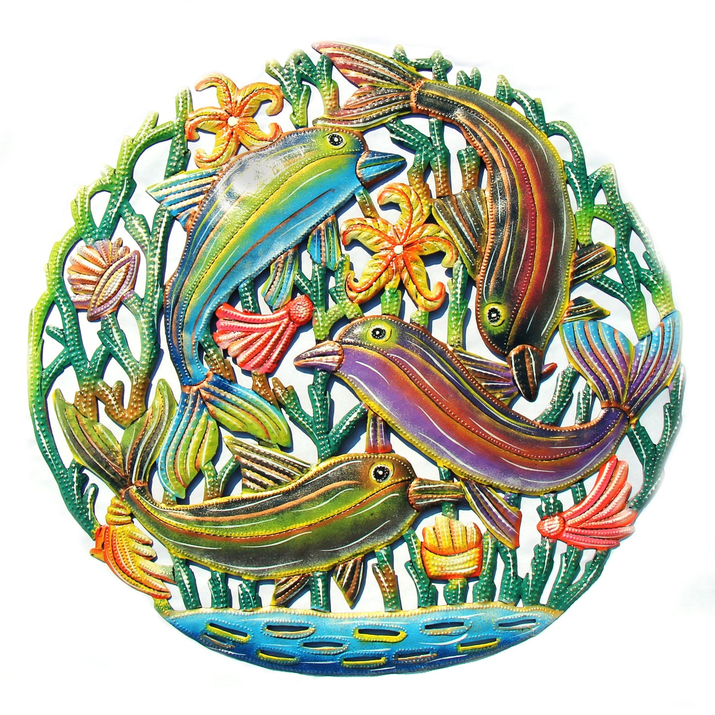 Coastal Playful Dolphins Haitian Metal Drum Wall Art - approx. 24" diameter