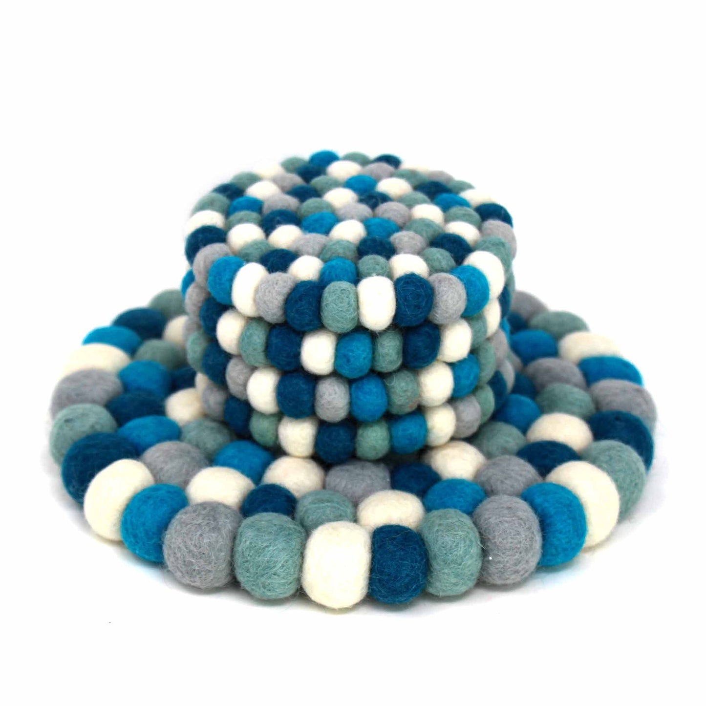 Ice Blue Felt Ball Coasters, Set of 4