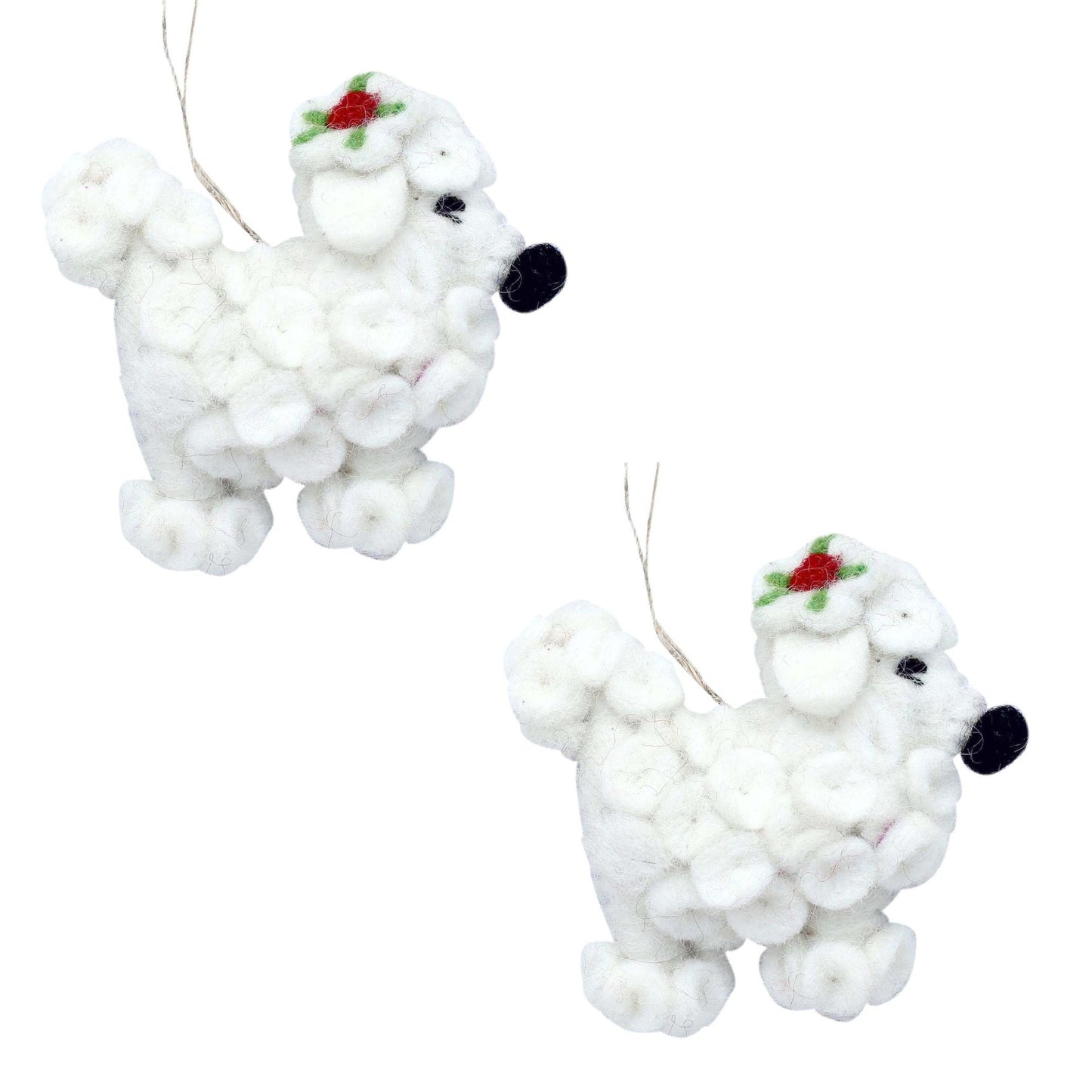 Poodle Dog Handmade Felt Ornaments, Set of 2 - 4” x 2.5” each