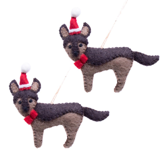 German Shepherd Santa Handmade Felt Ornaments, Set of 2 - 5” x 5” each