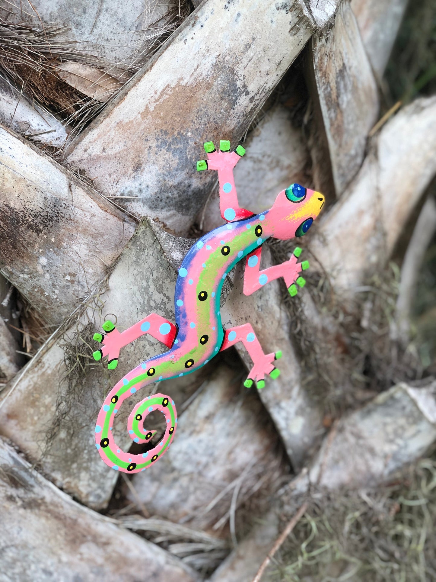 Colorful Gecko Steel Drum Wall Art, Polka Dots 13”