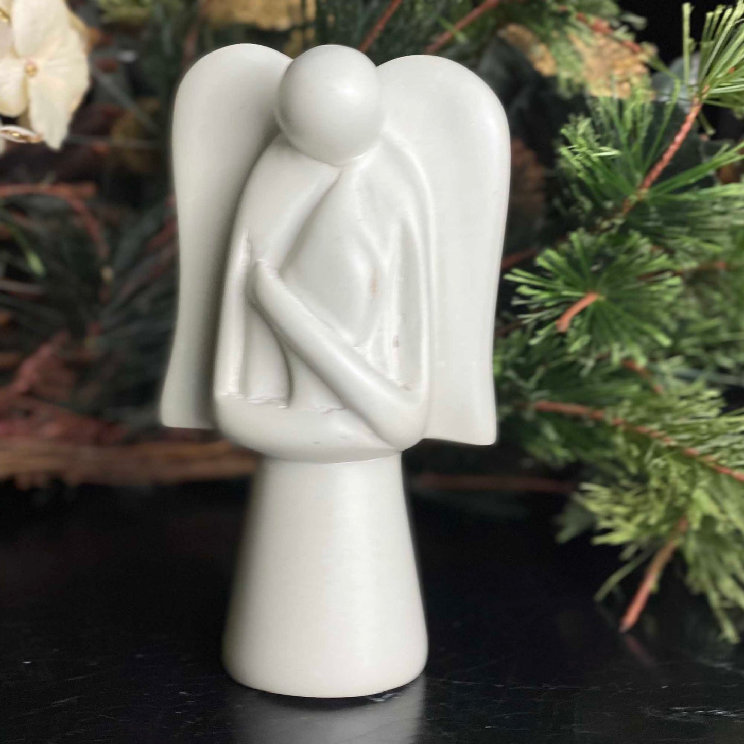 Hand-Carved Angel with Eternal Light Soapstone Sculpture; 5” tall x 3” wide