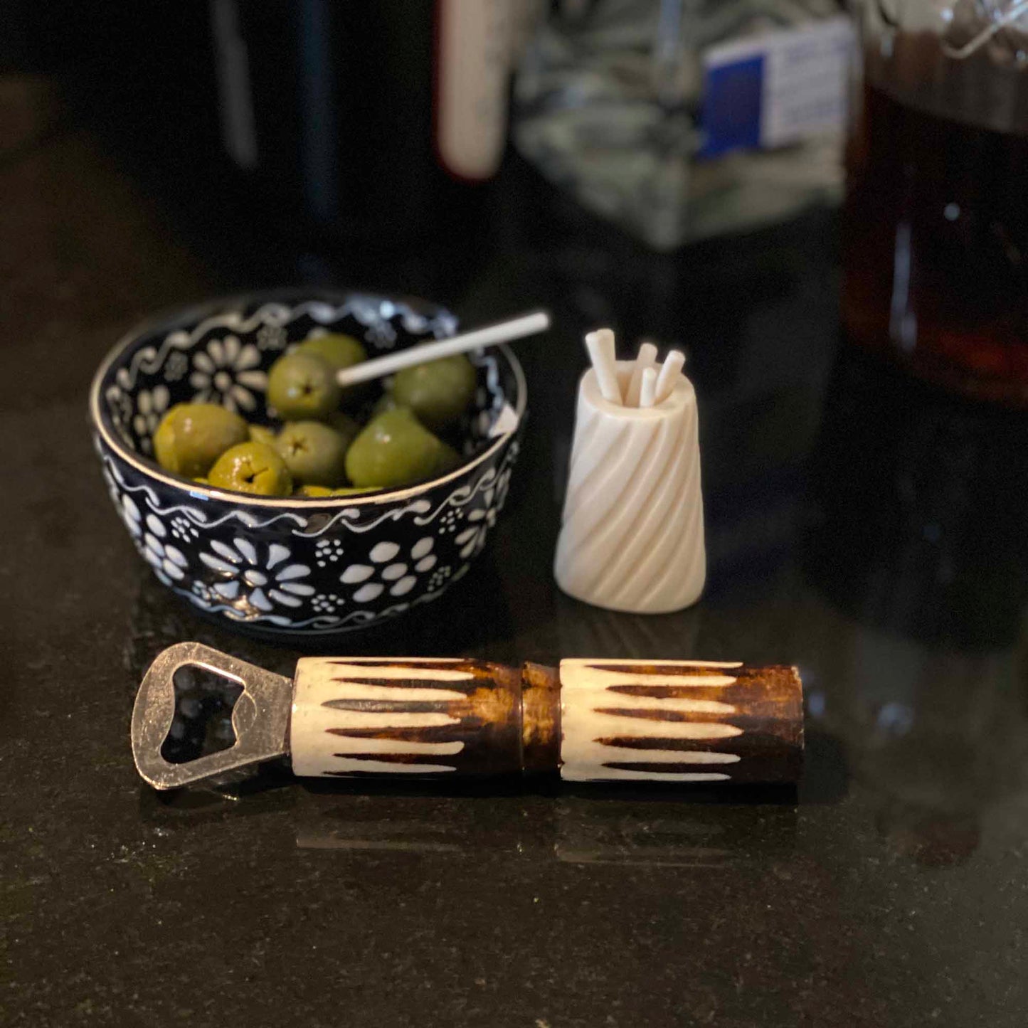 Hand-caved Cocktail Picks & Jar in Natural Bone