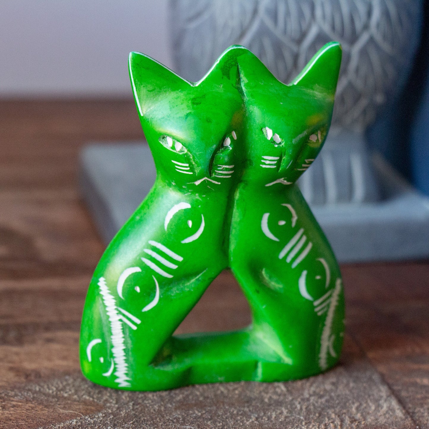 Soapstone Twin Cats - Green