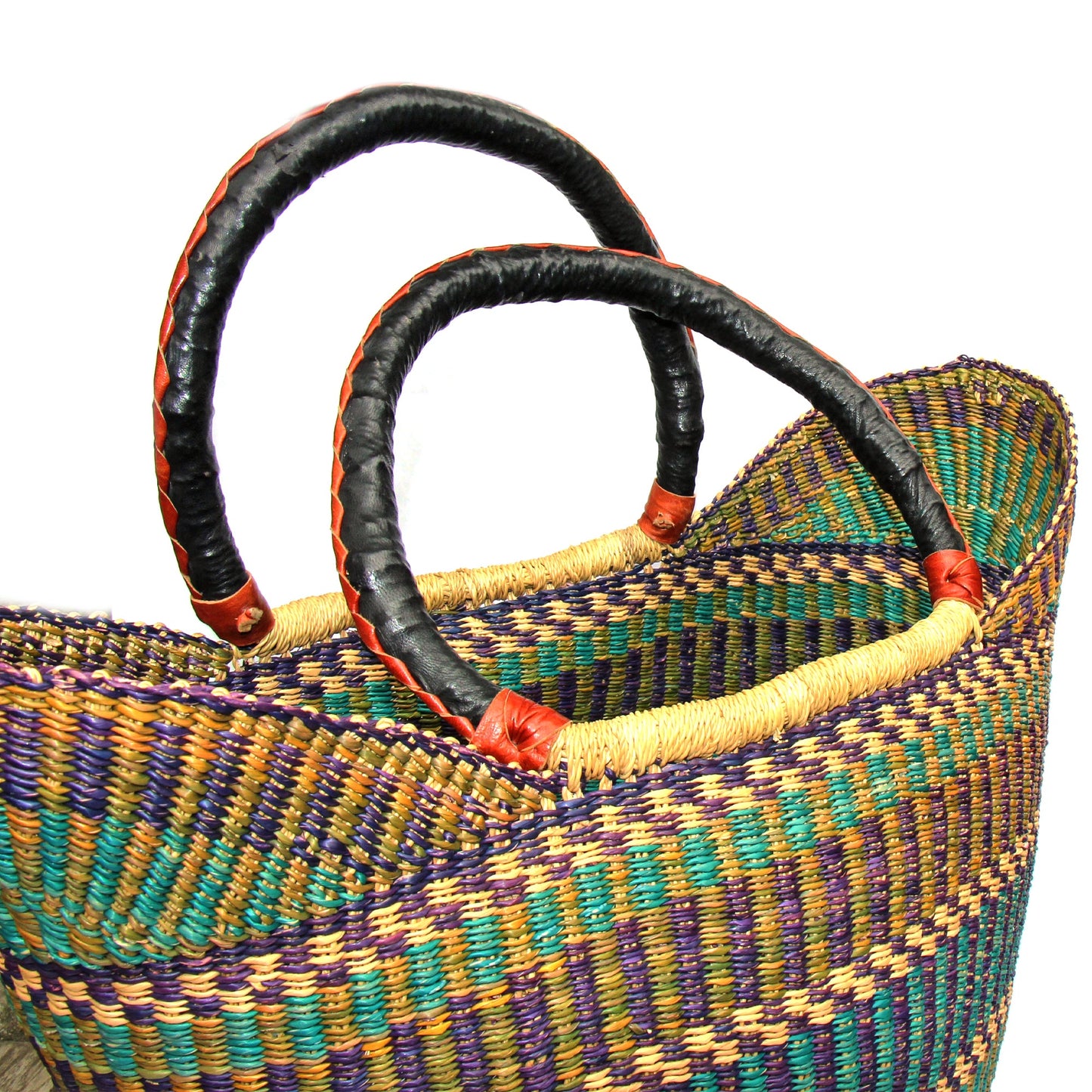 Bolga Tote, Mixed Colors with Leather Handle 16”to 18” by 11” to 13”