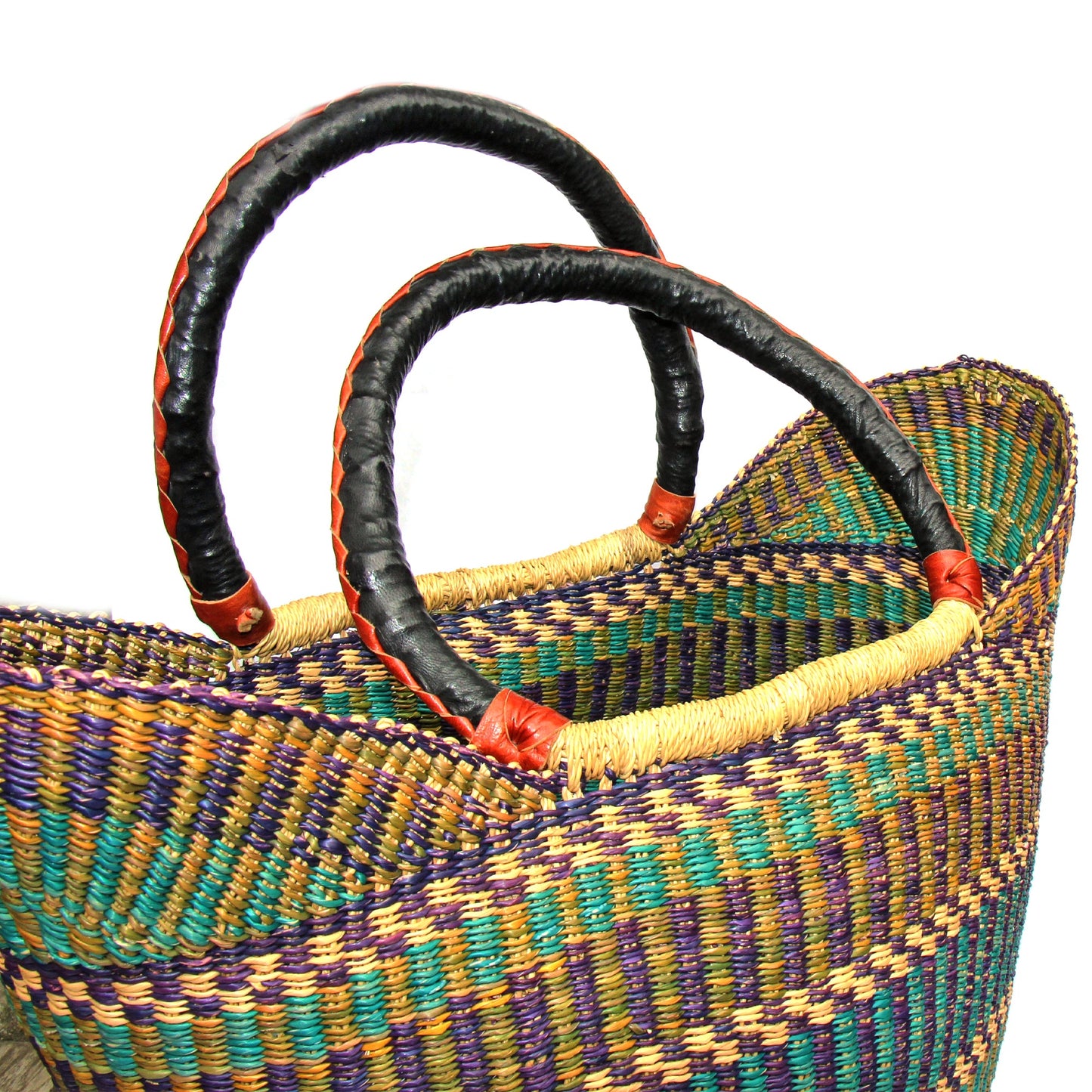 Bolga Tote with Leather Handle, approx. 16”~18” wide (at top) x 11”-13” tall ~ colors will vary