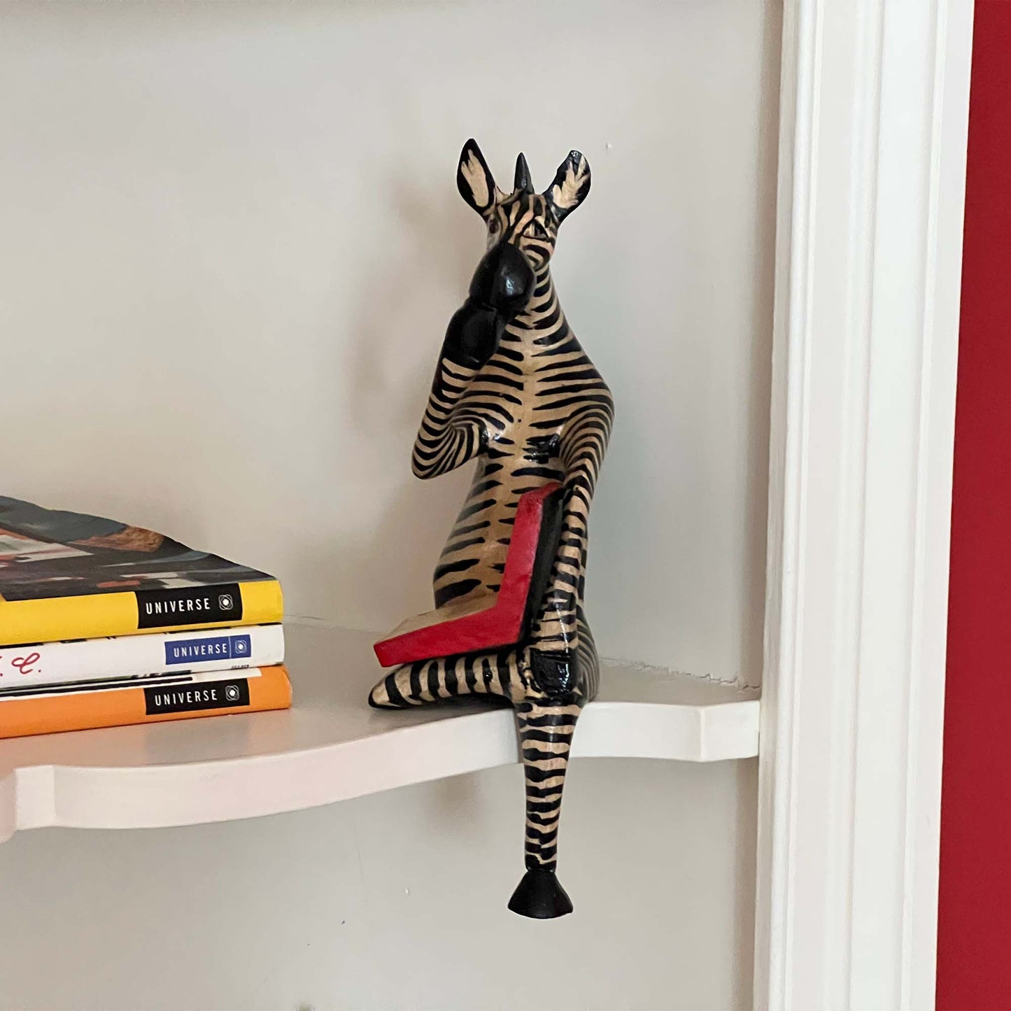 Thinking Zebra Carved Jacaranda Wood Sculpture Shelf Decor