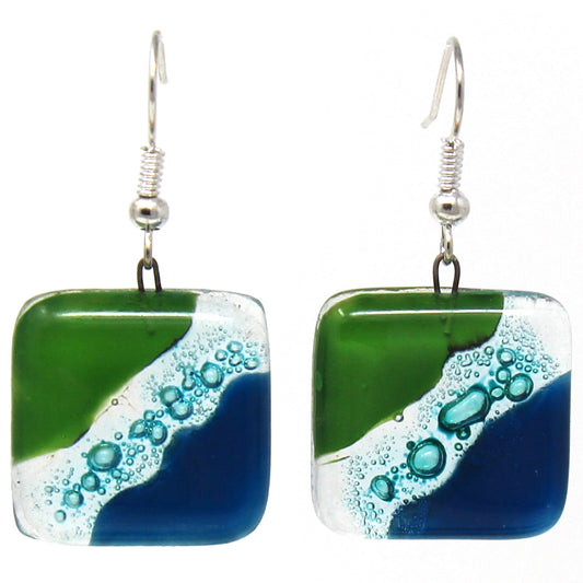 Pendientes colgantes de vidrio cuadrados, ondas verdes azules - Tili Glass
