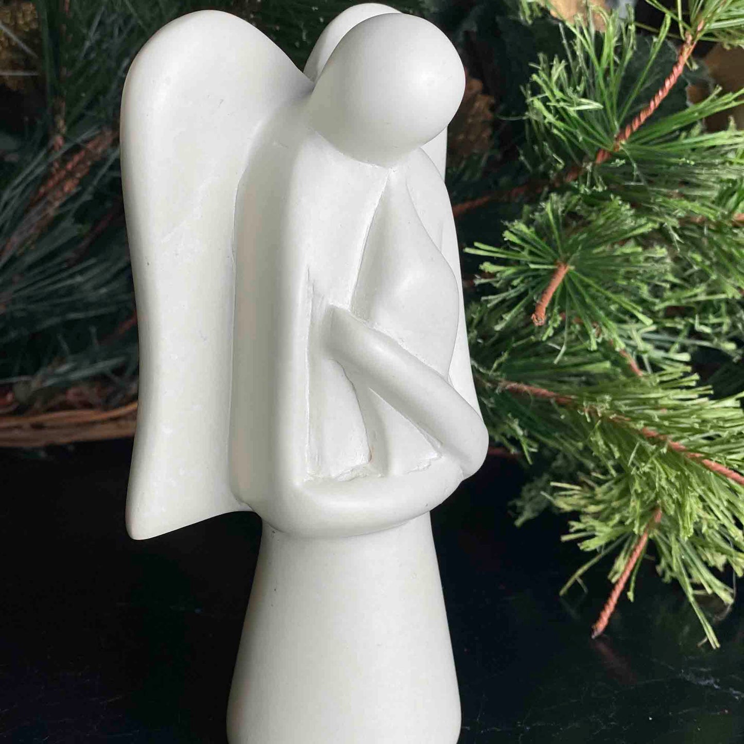 Hand-Carved Angel with Eternal Light Soapstone Sculpture; 5” tall x 3” wide