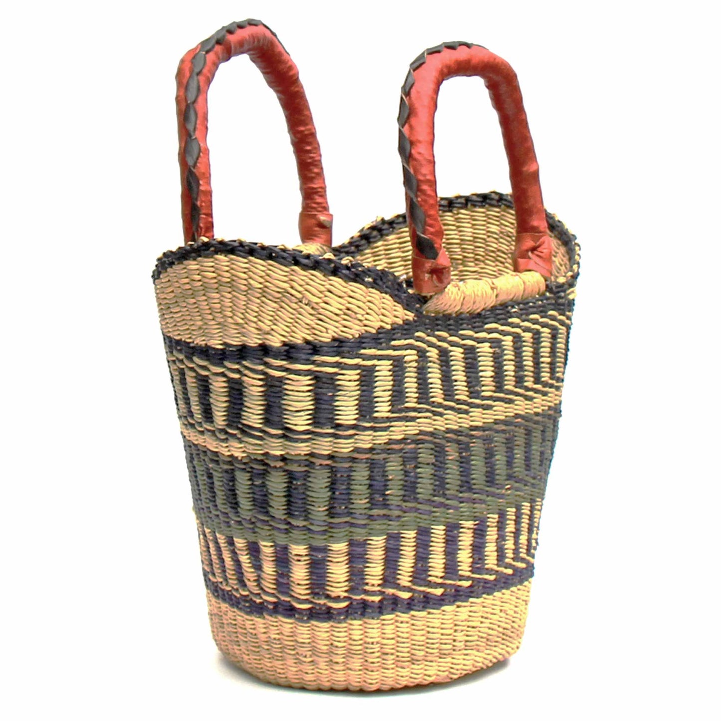 Bolga Tote with Leather Handle, approx. 13”-14” wide (at top) x 8”-9” tall ~ colors will vary