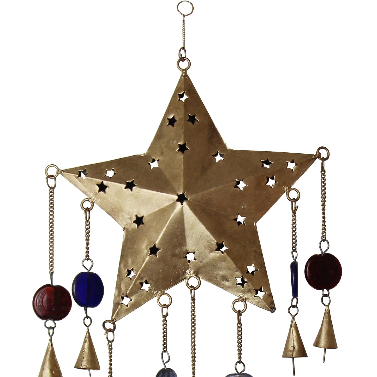Campana de estrella ornamentada hecha a mano, hierro reciclado y cuentas de vidrio