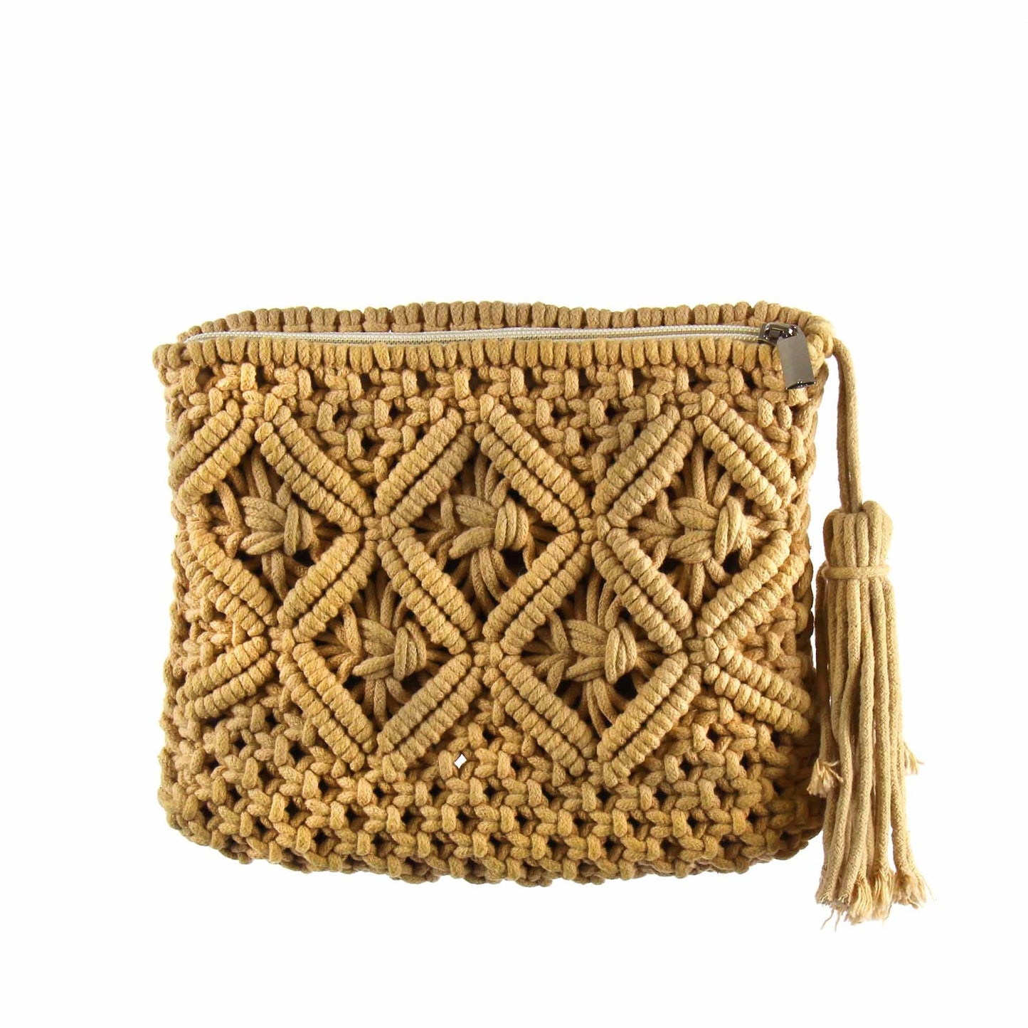 Clutch de macramé con borla, color canela