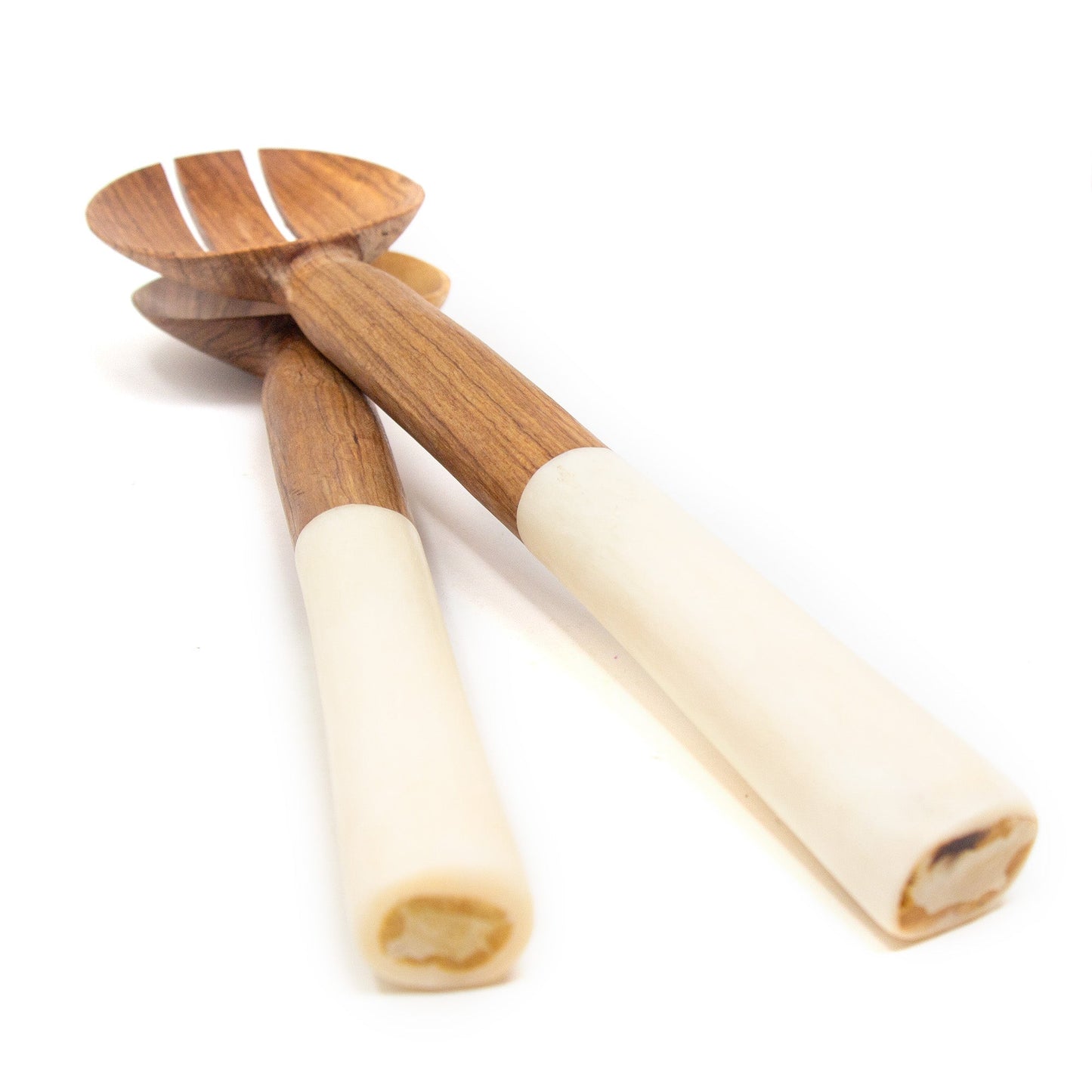 Olive Wood Salad Servers with White Bone