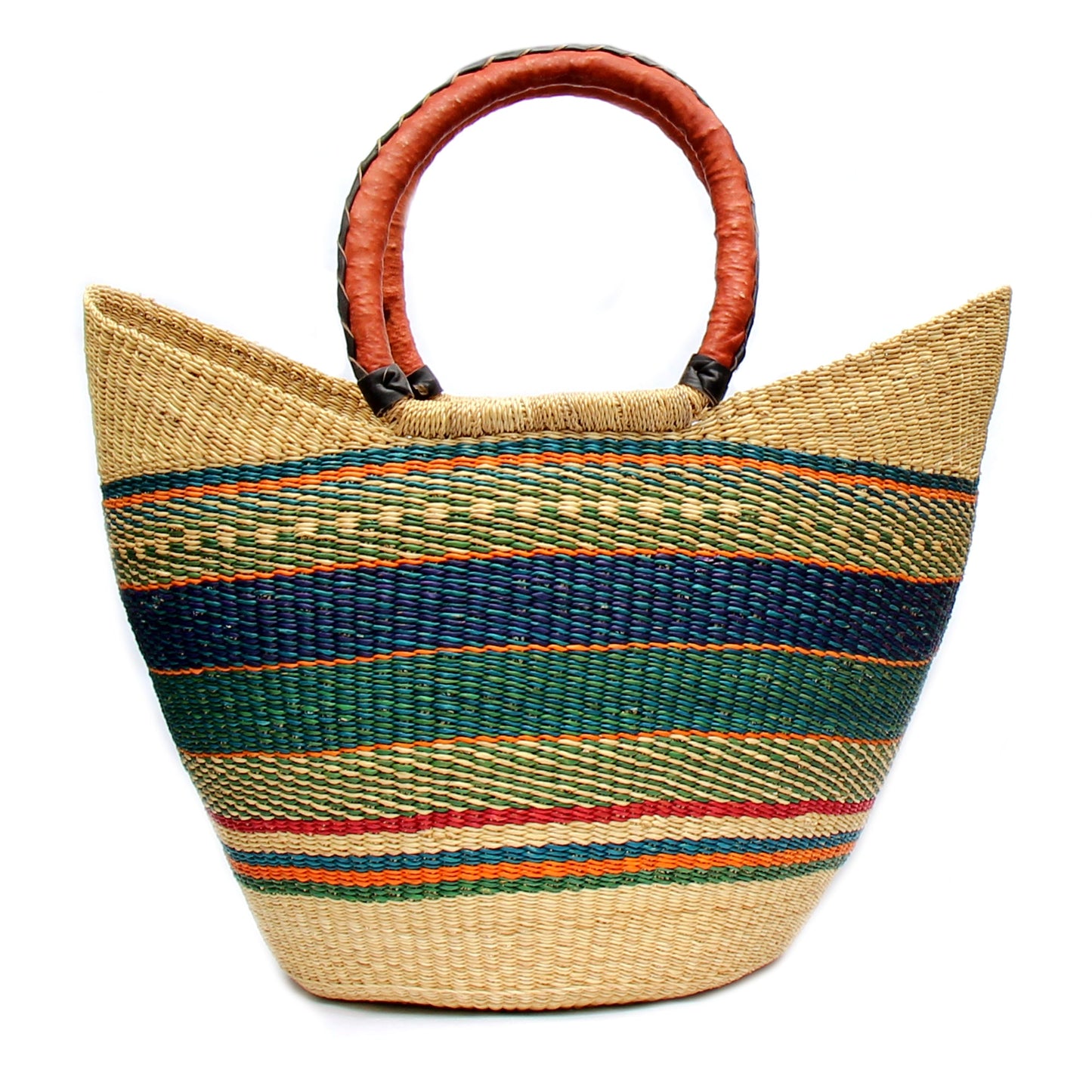 Bolga Tote with Leather Handle, approx. 16”~18” wide (at top) x 11”-13” tall ~ colors will vary