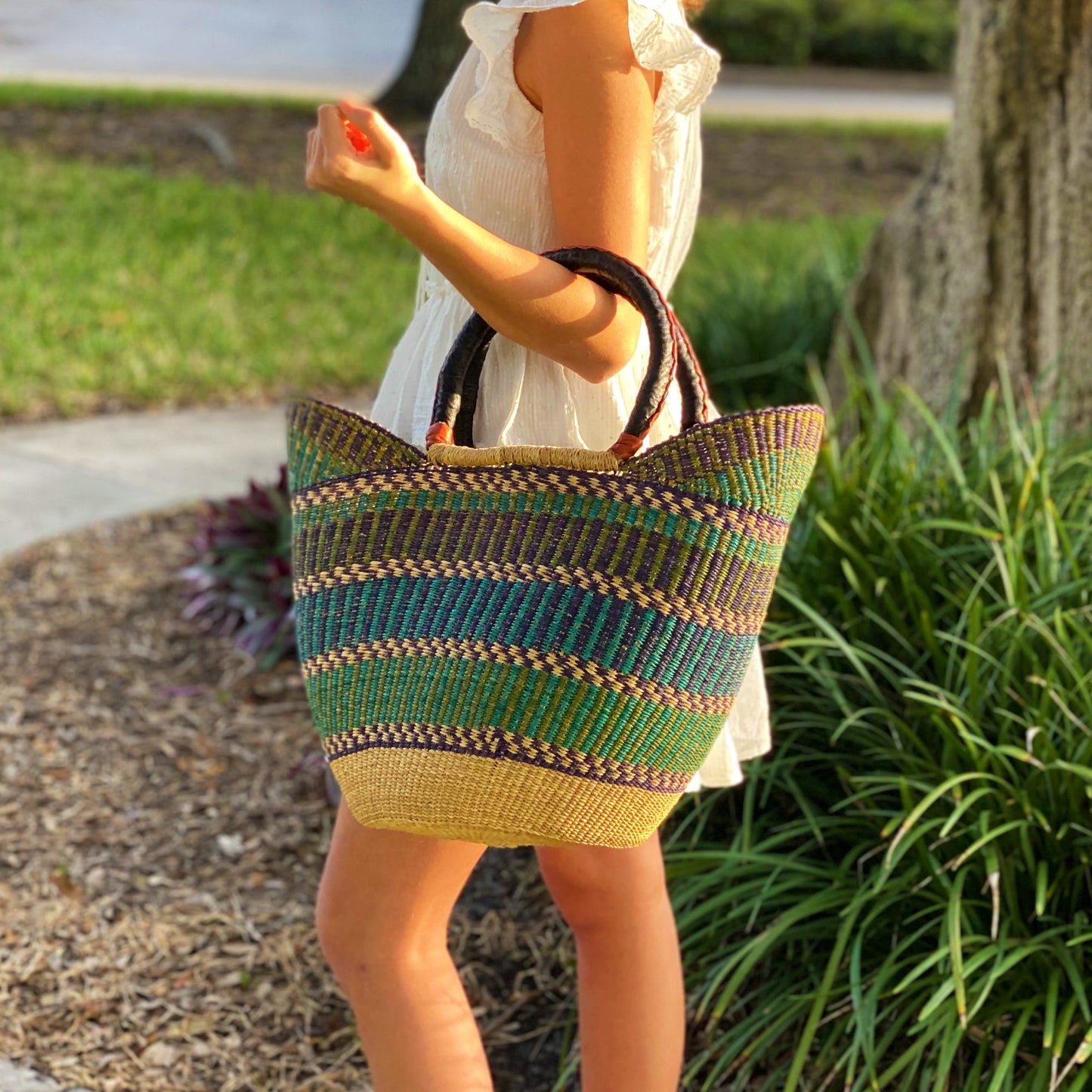 Bolga Tote, Mixed Colors with Leather Handle 16”to 18” by 11” to 13”