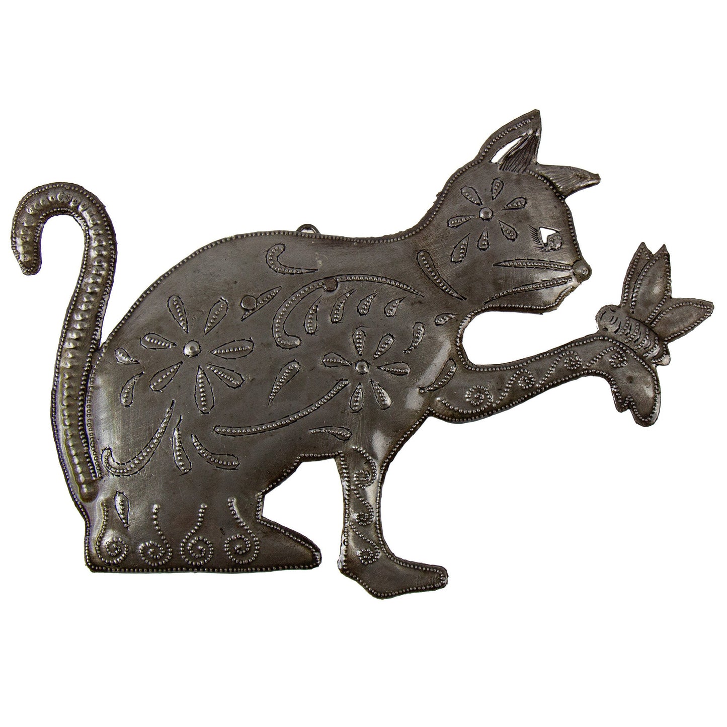 Playful Kitty with Butterfly Haitian Steel Drum Wall Art - approx. 9” x 7”