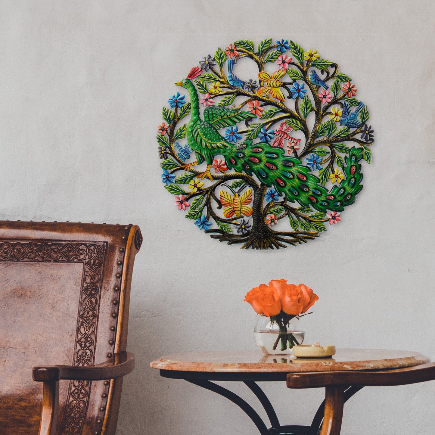 Peacock in Tree Haitian Metal Drum Wall Art - approx. 24” diameter