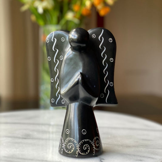 Soapstone Angel Sculpture - Black Finish with Etch Design, approx. 5.5” tall x 2” wide