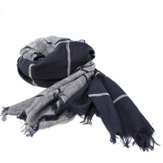 Bufanda de algodón estampada a mano, rayas negras y grises con flecos