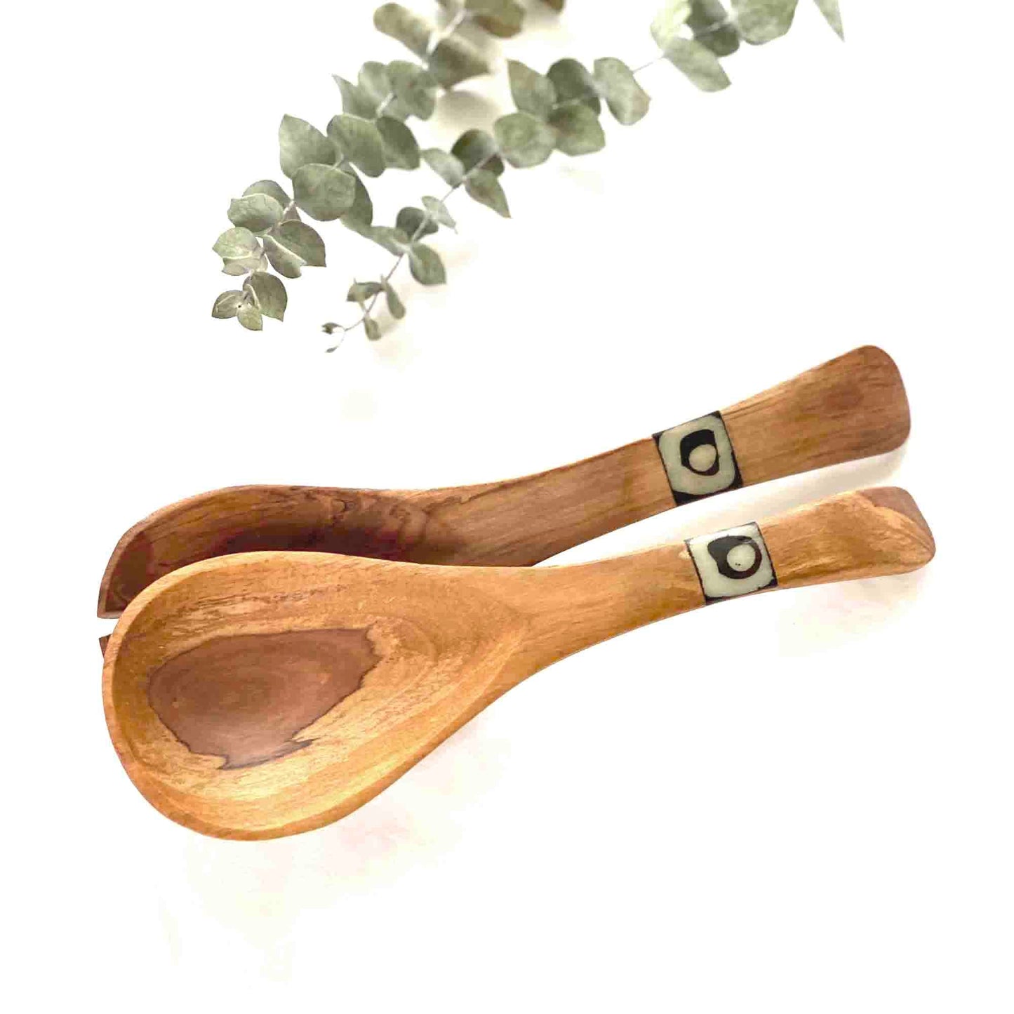 Juego de servir de madera de olivo, pequeño con incrustaciones de batik
