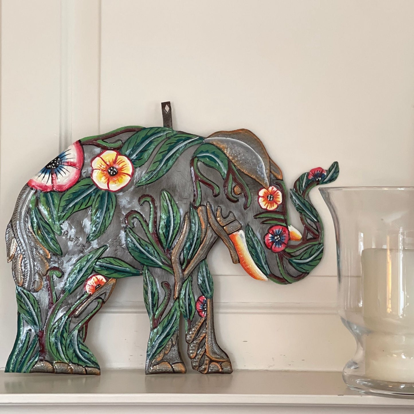 Hibiscus Elephant Haitian Steel Drum Wall Art - approx. 14” diameter