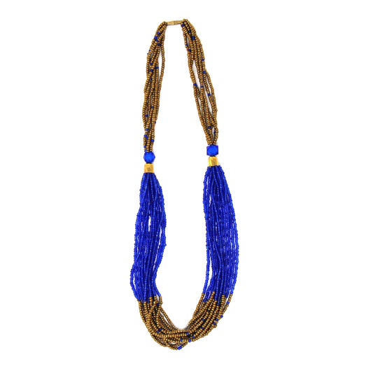 Collar de cuentas masai multihilo, lapislázuli azul y dorado