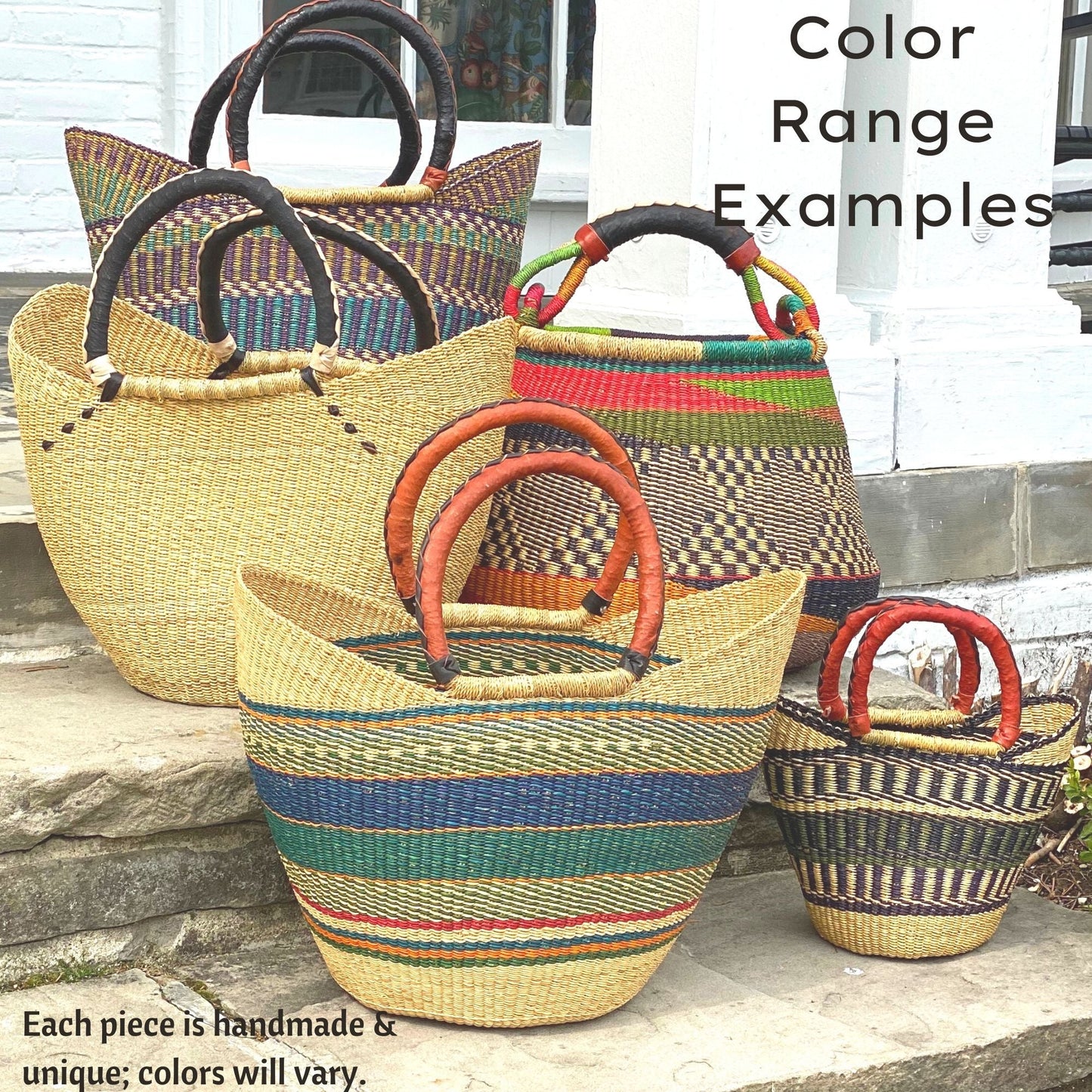 Bolga Tote with Leather Handle, approx. 16”~18” wide (at top) x 11”-13” tall ~ colors will vary