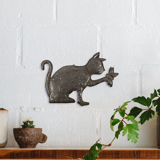 Playful Kitty with Butterfly Haitian Steel Drum Wall Art - approx. 9” x 7”