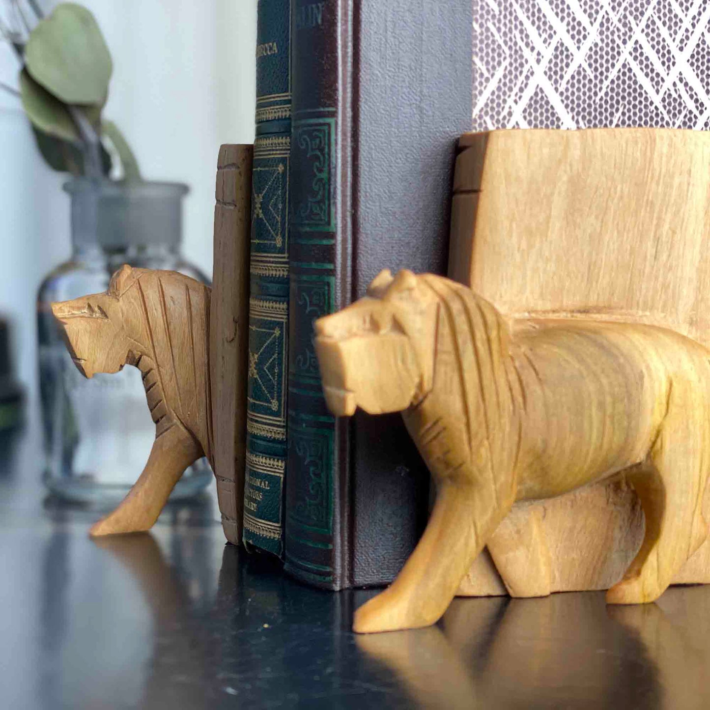 Carved Wood Lion Book Ends, Set of 2