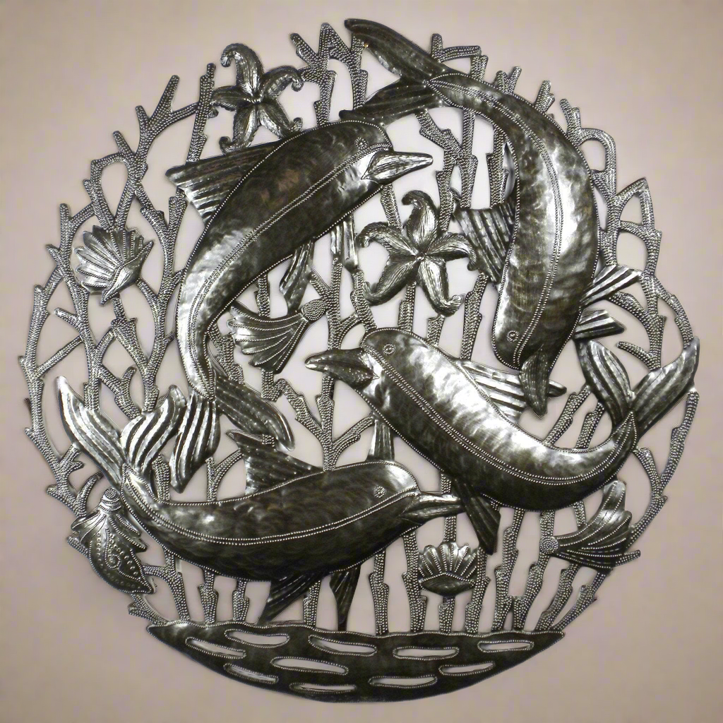 Arte de pared de metal con manada de delfines - Croix des Bouquets