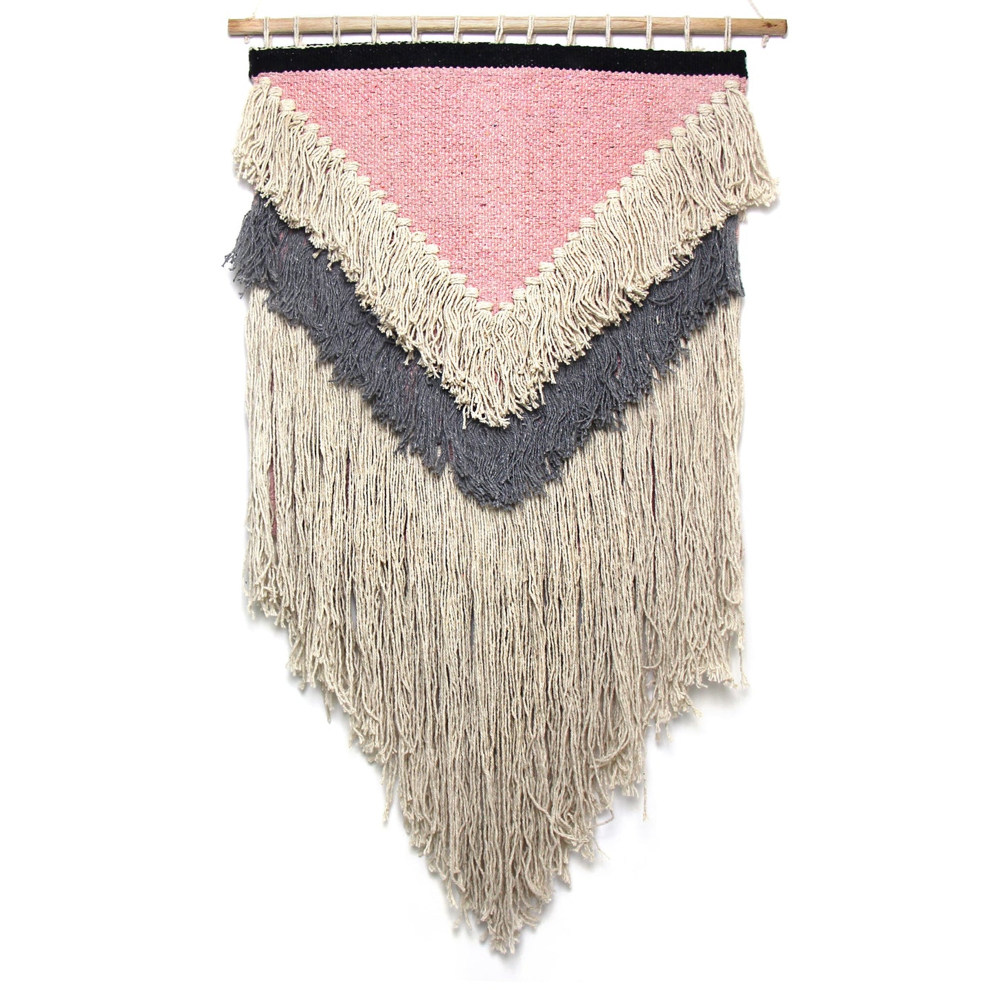 Colgante de pared Boho tejido a mano, rosa con flecos crema