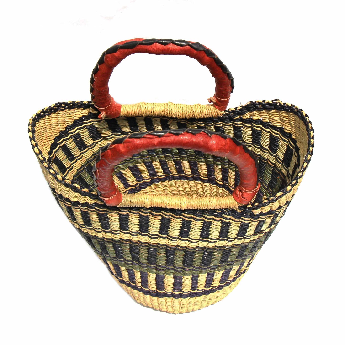 Bolga Tote with Leather Handle, approx. 13”-14” wide (at top) x 8”-9” tall ~ colors will vary