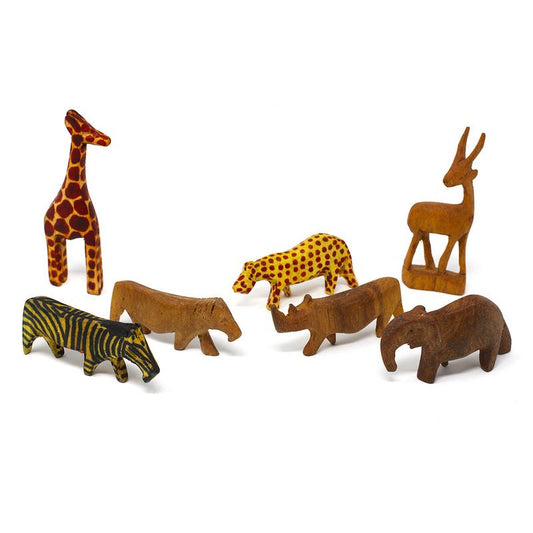 Animales de safari de madera en miniatura tallados a mano. Juego de 7