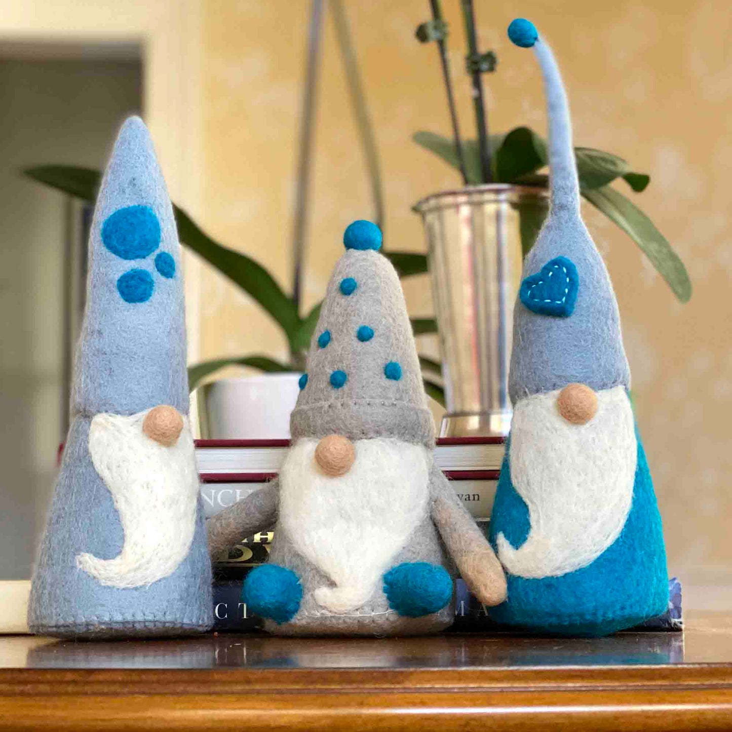 8”-10” Gnomes ~ Winter Blues Felt Gnomes Trio, Set of 3